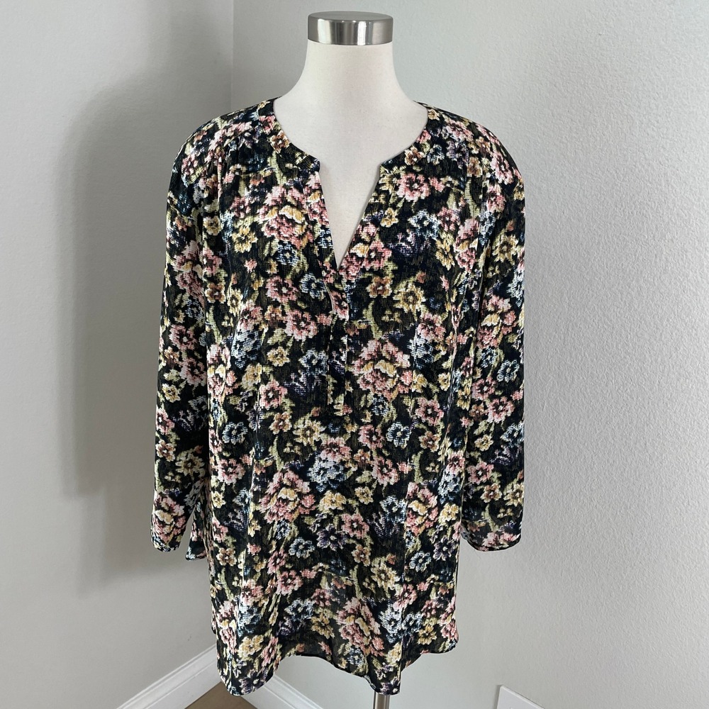 NYDJ Curves 360 Womens Plus 2X Floral V Neck‎ 3/4 Sleeve Blouse Black Tunic Top